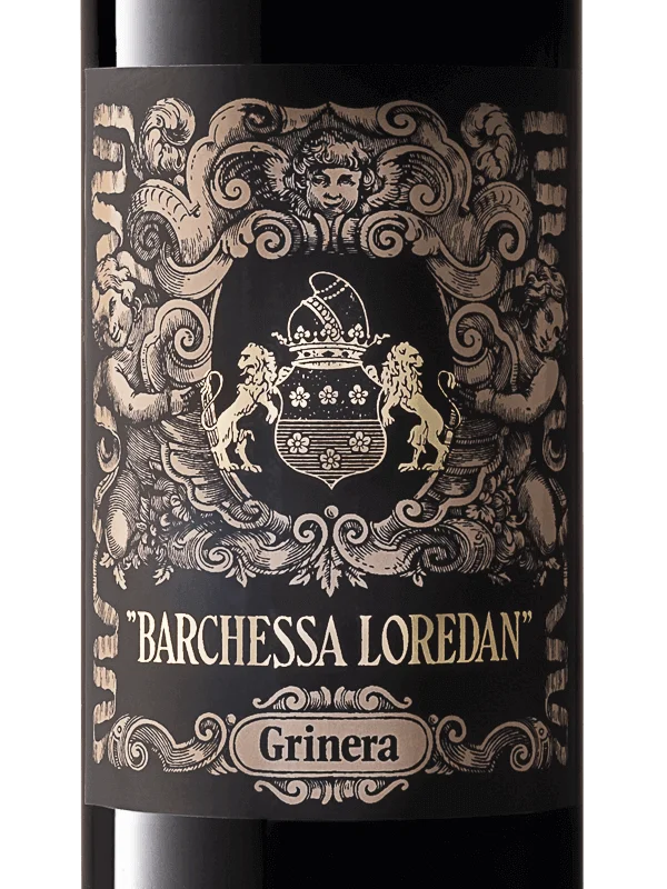 Etichetta della bottiglia di vino rosso Grinera IGT Colli Trevigiani Merlot prodotto da Cantina Barchessa Loredan a Volpago del Montello.