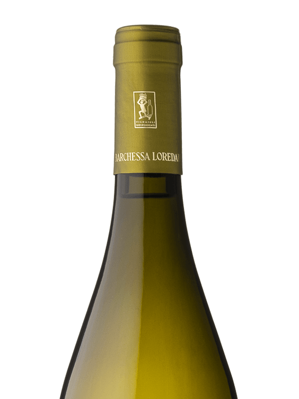 Collo della bottiglia di vino bianco Chardonnay IGT Marca Trevigiana prodotto da Cantina Barchessa Loredan a Volpago del Montello.