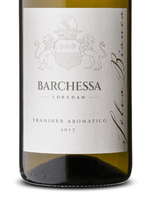 Etichetta della bottiglia di vino bianco Selva Bianca IGT Colli Trevigiani Traminer aromatico prodotto da Cantina Barchessa Loredan a Volpago del Montello.