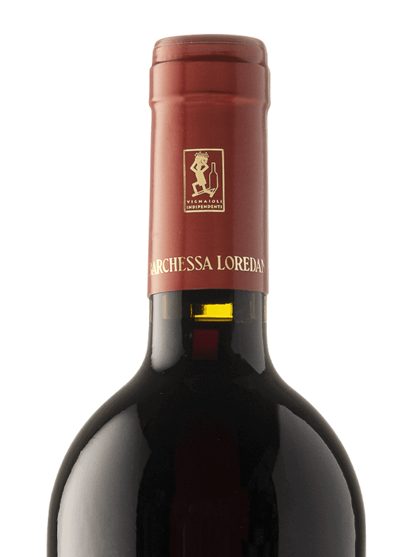 Collo della bottiglia di vino rosso Selva Rossa IGT Colli Trevigiani Merlot prodotto da Cantina Barchessa Loredan a Volpago del Montello.