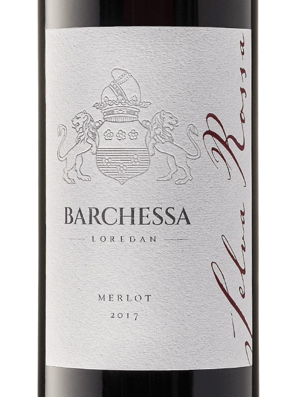 Etichetta della bottiglia di vino rosso Selva Rossa IGT Colli Trevigiani Merlot prodotto da Cantina Barchessa Loredan a Volpago del Montello.